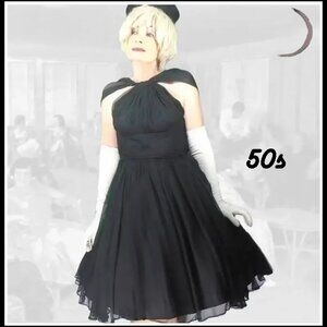 Vintage Black Formal Fit Flare Cocktail Dress, 50s New Look Chiffon Halter